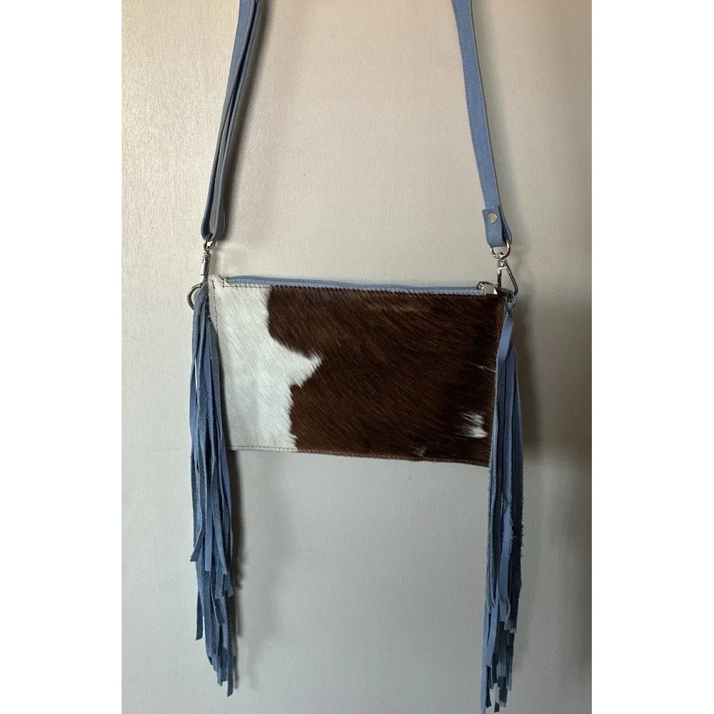 Western Linen TX—Cowhide Crossbody Fringe LTD Bag Blue Homestead Coastal Cowgirl